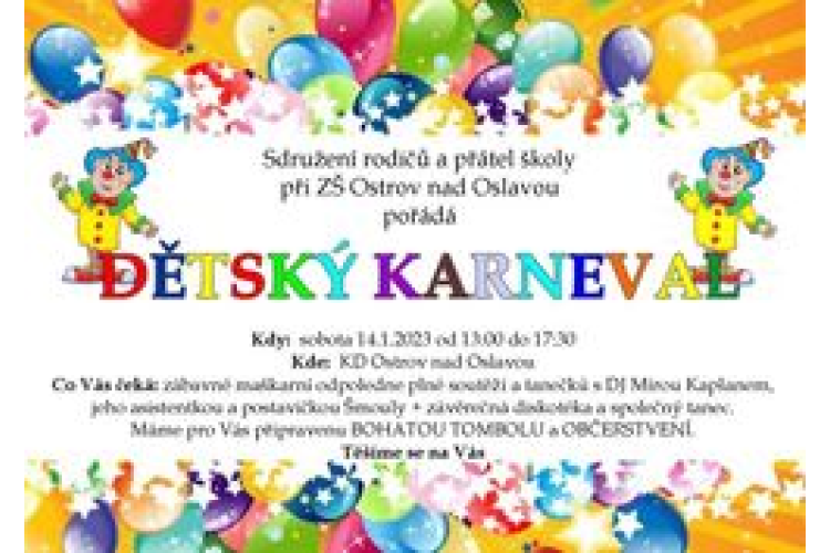 Dětský karneval v KD Ostrov nad Oslavou dne 14.1.2023 od 13:00 hodin