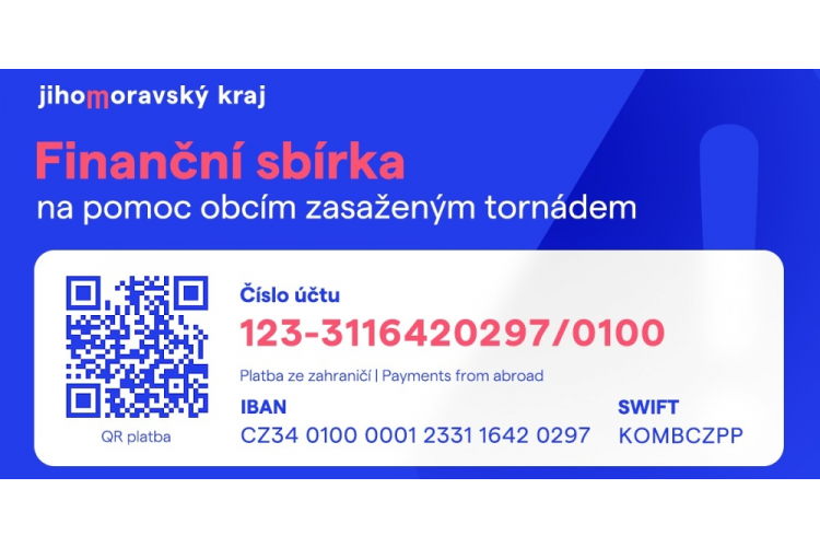 Informace k bankovním účtům veřejných sbírek Jihomoravského kraje a postižených obcí, včetně odkazů na příslušné webové stránky