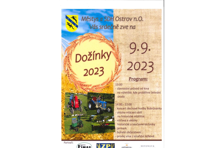 Pozvánka na Dožínky 2023 pořádá Městys a SDH Ostrov nad Osl. dne 9.9.2023